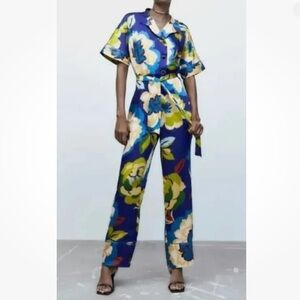 ZARA Women’s Giant Floral Tropical Printed Satin Belted Romper NWT XS
